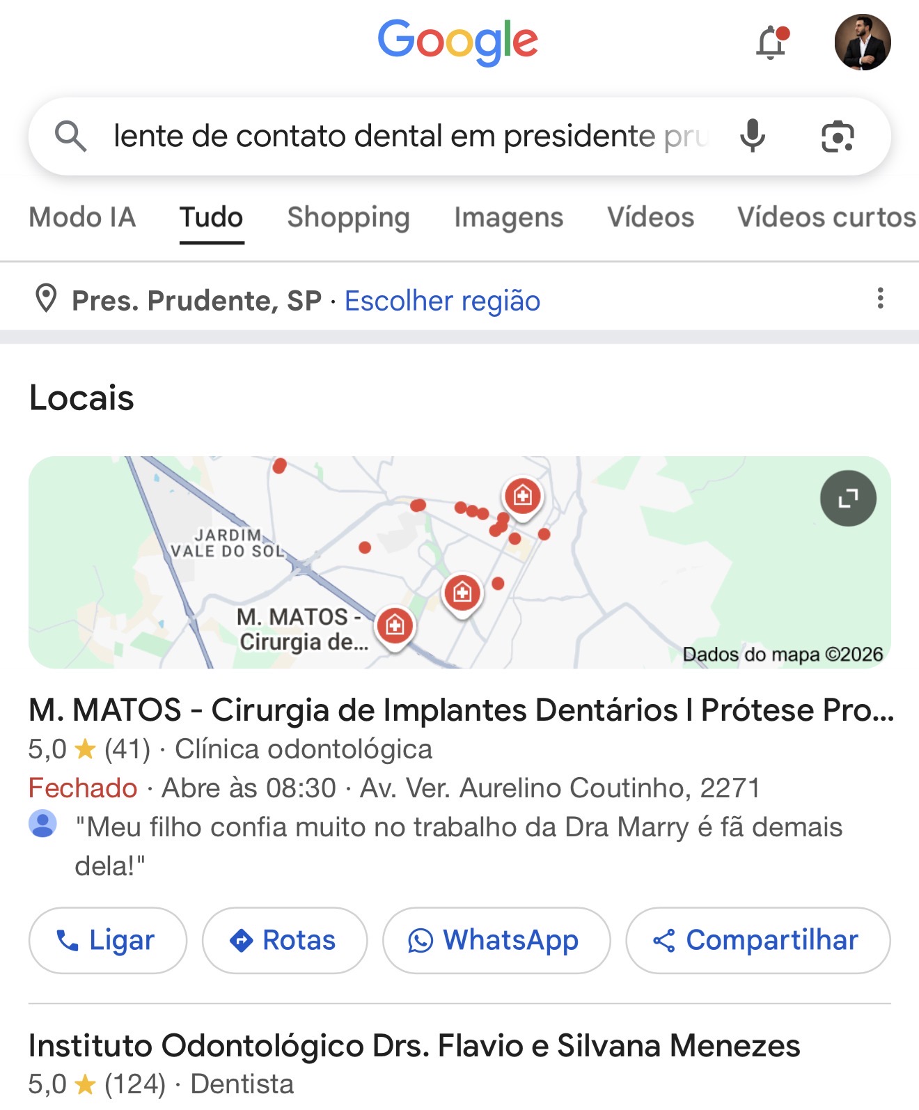 Print real da busca lente de contato dental em presidente prudente: M. Matos aparece como primeiro resultado local