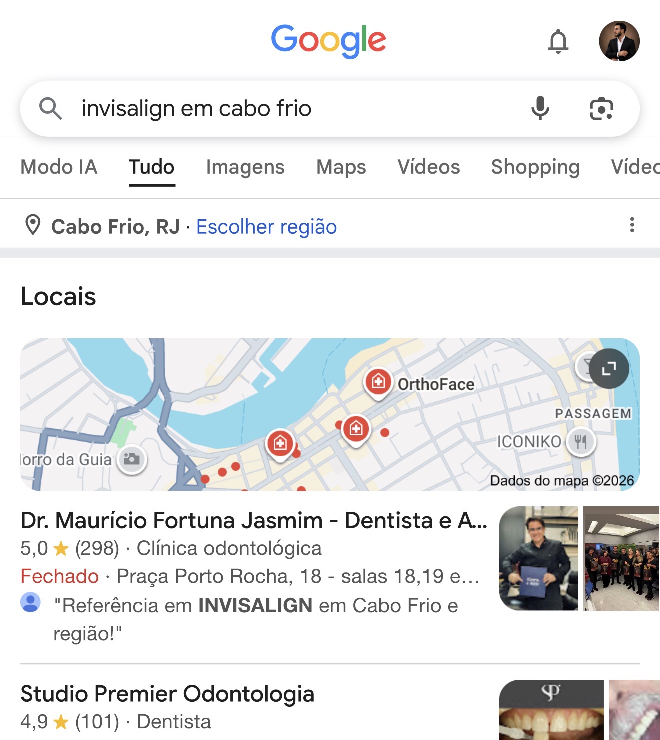 Print real da busca invisalign em cabo frio: Dr. Maurício Fortuna Jasmim aparece como primeiro resultado local